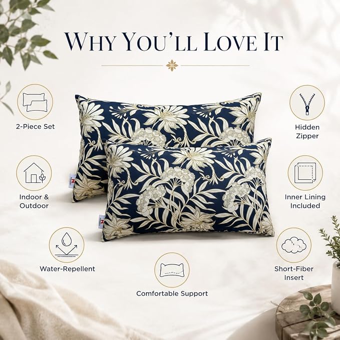 Pack of 2 Patio Lumbar Pillows 12"x20" | Fade Resistant Outdoor Waterproof Lumbar Pillow with Inners Decorative Garden Lumbar Cushions for Home Patio Terrace Sofa