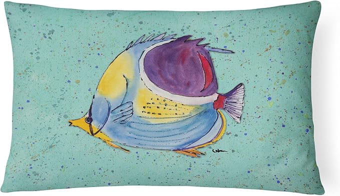 Caroline's Treasures 8576PW1216 Tropical Fish on Teal Canvas Fabric Decorative Pillow Machine Washable, Indoor Outdoor Decorative Pillow for Couch, Bed or Patio, 12HX16W
