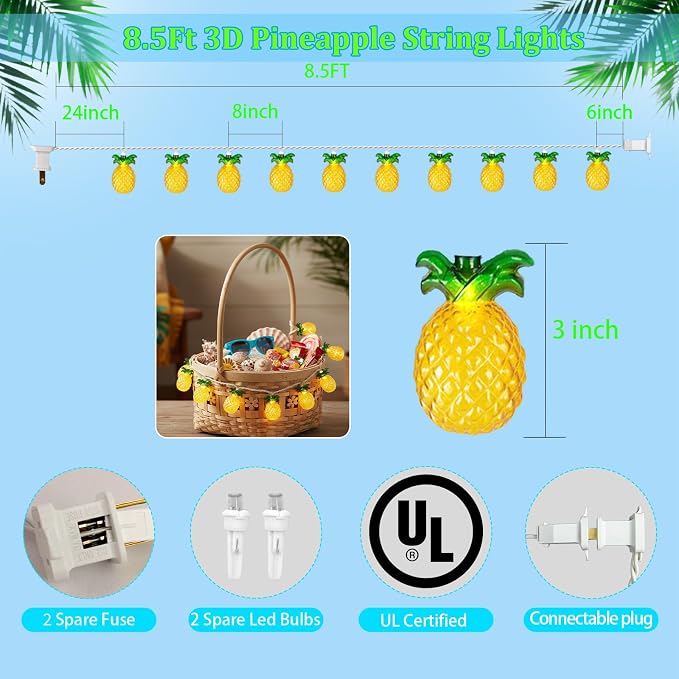 8.5Ft Summer Themed Party Pineapple Lights, 10L LED Pineapple String Lights | Plug in waterproof for Indoor Outdoor Home Table Porch Pergola Tiki Bar Luau Aloha Hawaiian Camping Party Lights