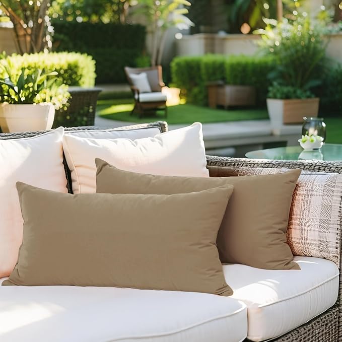 SK Studio Outdoor Water Resistant Throw Pillows, Decorative Patio Lumbar Cushions, Fluffy Furniture Garden Cushions for Home Patio Coach Sofa Use, Pack of 2, Khaki 1, 16x16 Inch