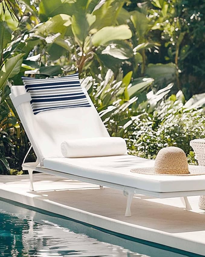 Blue and Grey Striped Outdoor Pillows with Insert Blue Grey White Geometric Waterproof Patio Pillows with Adjustable Strap Decorative Head Recliner Lounger Chair Throw for Patio Furnitures 2 Pack
