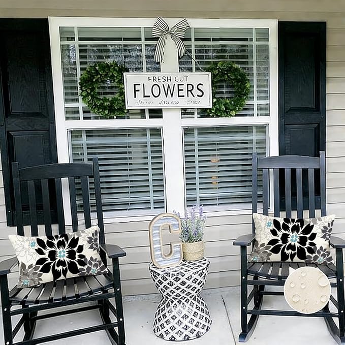 Waterproof Black and Gray Dahlia Floral Outdoor Pillow Covers 12x20 Inch, Decorative Spring Summer Cushion Cases for Living Room Sofa Patio Garden Porch