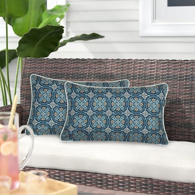 Magpie Fabrics Pack of 2 Outdoor Waterproof Lumbar Rectangular Throw Pillow with Insert, Home Decorative Toss Pillows All Weather Cushion for Patio Garden Car Office (12x20 Inch, Morgan Medal Print)
