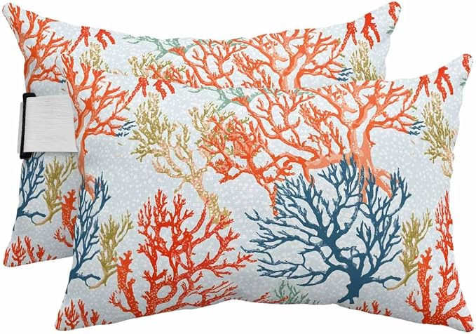 Ocean Outdoor Pillows for Chair Head Resting Retro Coral Blue Green Orange Nautical Coastal Waterproof Lumbar Pillows with Insert & Adjustable Elastic Strap for Patio Recliner Beach Chair