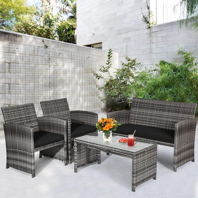 HAPPYGRILL 4 PCS Patio Conversation Set with Soft Cushions Rattan Furniture Set with PE Wicker Coffee Table & Sofa Chairs for Garden Poolside Porch Backyard