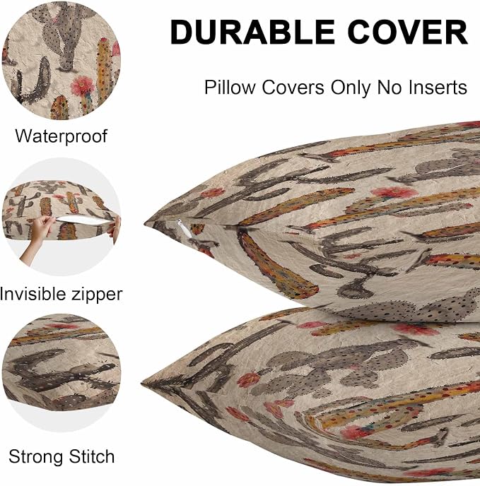 Vandarllin Outdoor Throw Pillows Covers 16x16 inch Set of 2 Waterproof Watercolor Cactus Decorative Zippered Cushion Covers for Patio Furniture, Abstract Floral Desert Lumbar Pillowcases