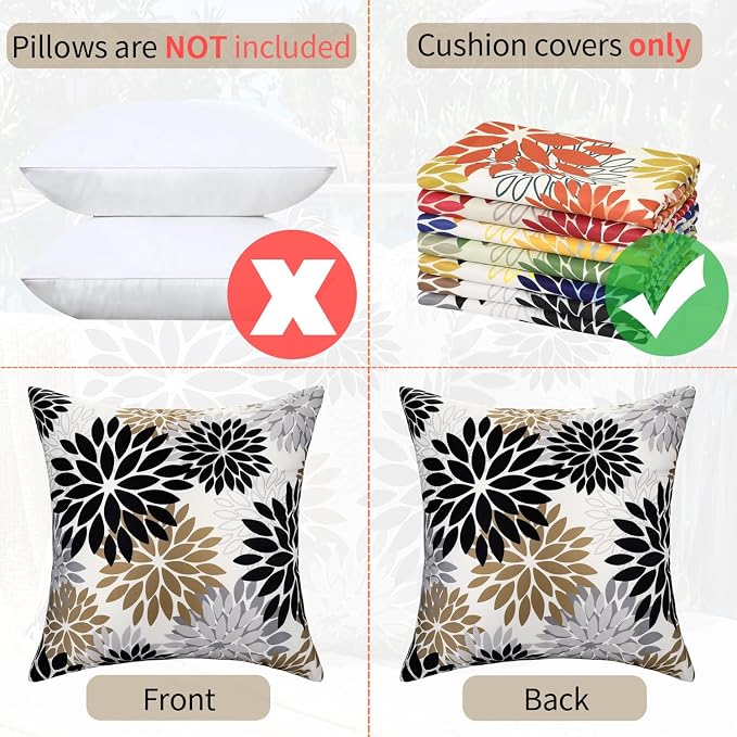 Outdoor Waterproof Throw Pillow Cases Pack of 2 Dahlia Flowers Throw Pillow Covers 18×18 Black and Brown Decorative Spring Summer Cushion Covers for Garden Patio Living Room Couch