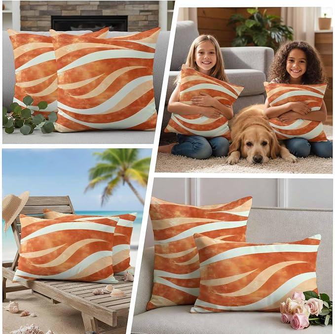 Burnt Orange Waves Waterproof Outdoor Pillow Covers Set of 2 Home Decor, Ombre Sea Ripples Shabby Beach Pillowcase Patio Pillow Covers for Couch Bench Furniture Garden 20x12in