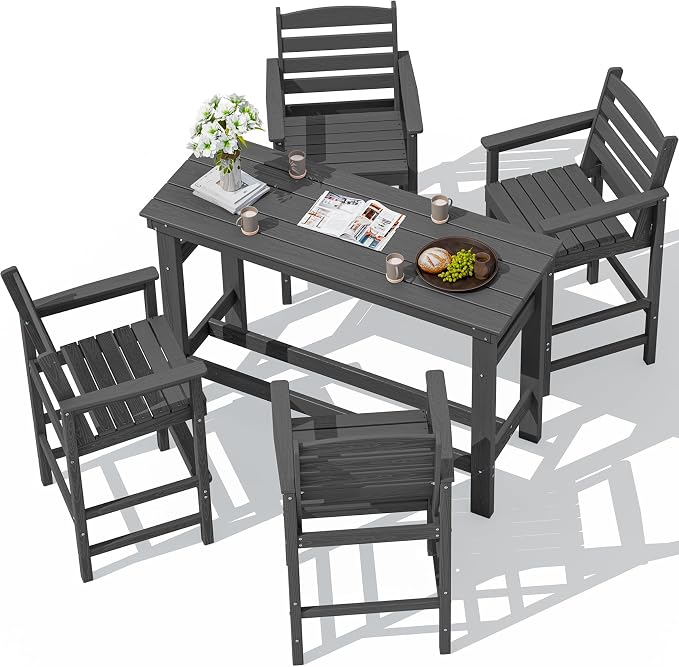 SERWALL Outdoor Bar Set - 4 Adirondack Bar Chairs & Bar Height Table with 1.6" Umbrella Hole, All-Weather HDPE Patio Furniture for Poolside, Backyard, Garden - Grey