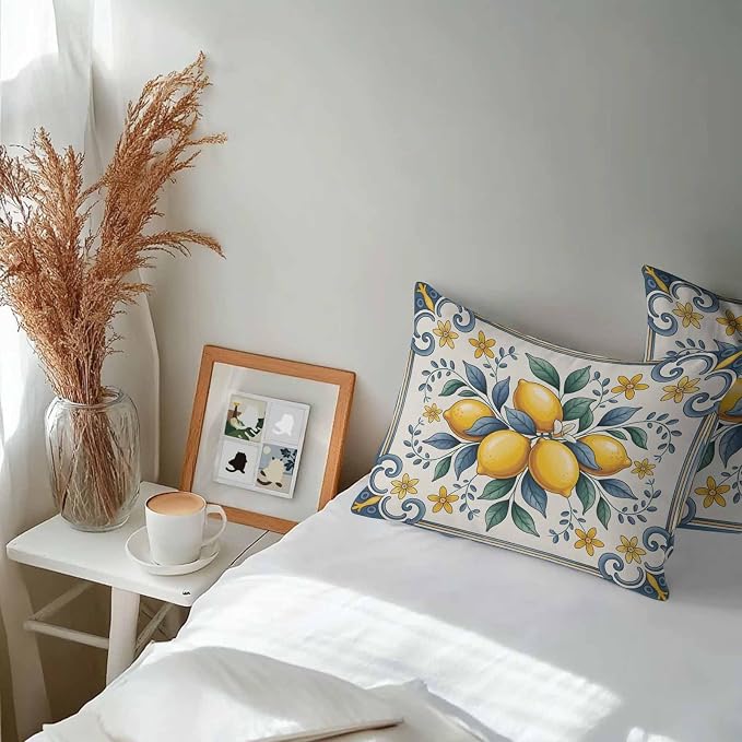 Lumbar Pillow Covers 20x12 Inch Set of 2, Yellow Blue Lemon Waterproof Outdoor Cushion Covers, Summer Botanical Watercolor Decorative Pillowcases for Couch, Sofa, Bed, Garden, Patio