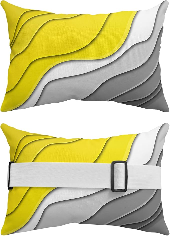 Geometric Ombre Lounge Pillows Outdoor, Aesthetic Yellow Grey White Gradient Abstract Head Pillows, Modern Waterproof Patio Furniture Lumbar Pillows with Adjustable Elastic Strap for Recliner Beach