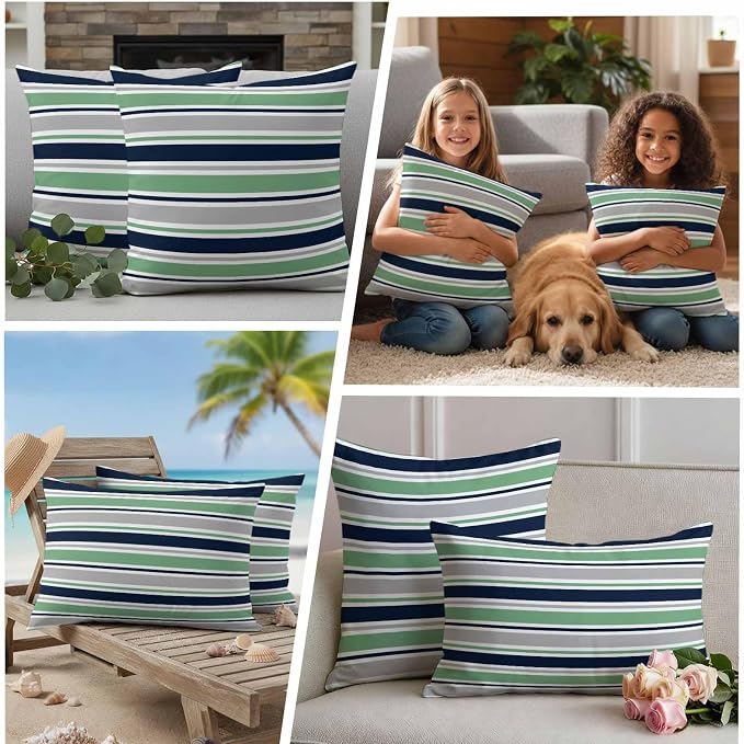 Outdoor Pillow Covers 18 x 18 Inches, Green Grey Striped Waterproof Throw Pillow Cover Set of 2, Farmhouse Stripes Modern Abstract Art Decorative Square Cushion Covers for Patio/Couch/Garden