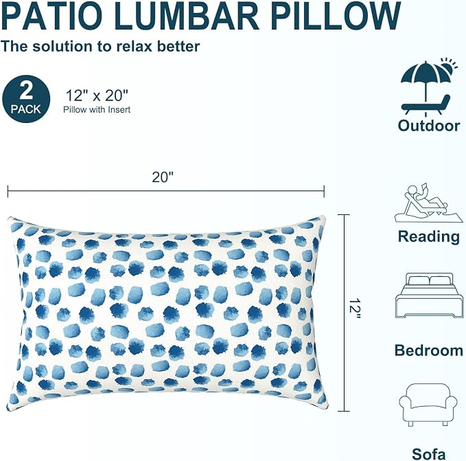 DYTXIII Pack of 2 Waterproof Outdoor Lumbar Pillow with Inserts, 12x20 in Rectangle Decorative Patio Throw Pillow for Home, Sofa,Bench and Patio Furniture, Brush Blue