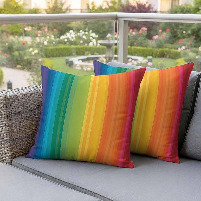 Colorful Stripes Rainbow Outdoor Pillow Covers 18x18in Pack of 2 Waterproof Pillowcase Watercolor Line Minimalist Geometric Decorative Throw Cushion Case for Patio Couch Sofa