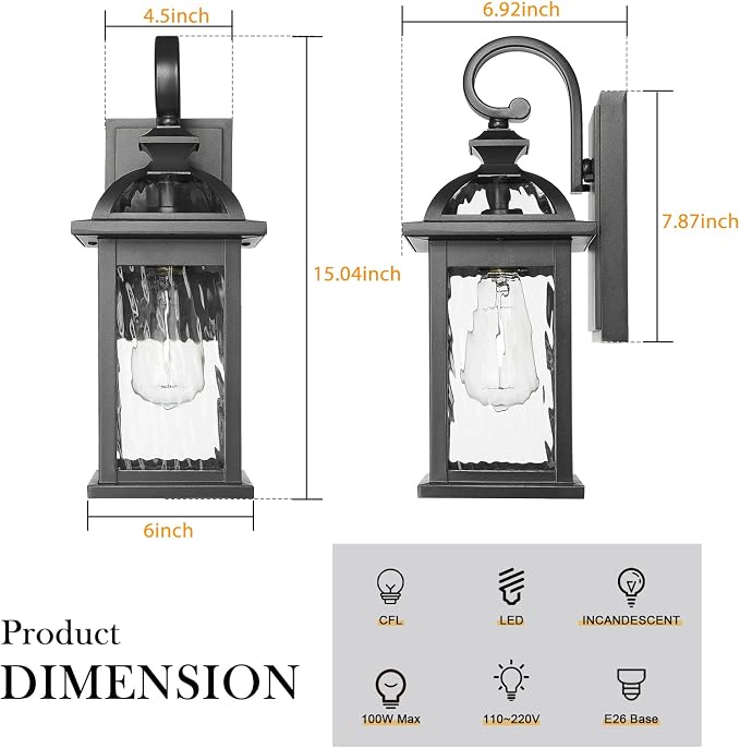 Darkaway Outdoor Lights Fixture Wall Mount, Exterior Wall Light with Water Ripple Glass Waterproof Black Outside Wall Sconce for House Porch Hallway Garage
