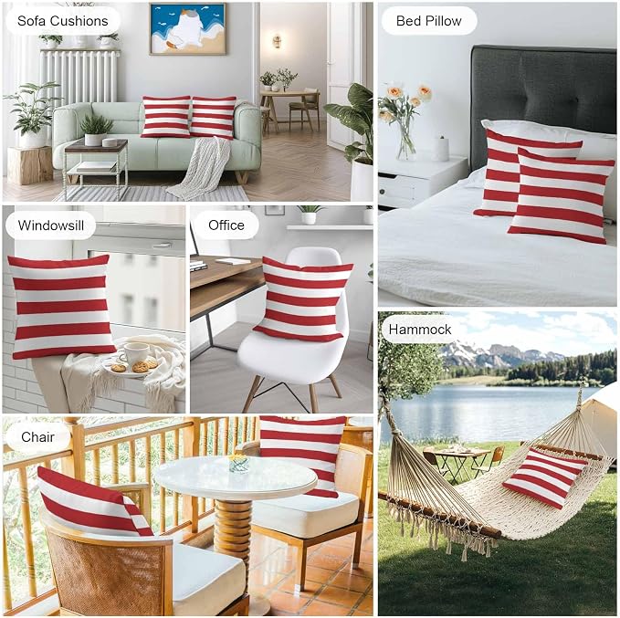 Outdoor Waterproof Throw Pillow Covers Set of 2 Red White Stripe Pillowcases 24x24 Inches Simple Style Striped Decorative Pillows Cushion Case Patio Pillows for Couch Bed Chair Garden