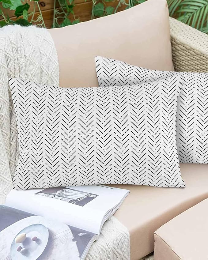 Black White Striped Outdoor Pillow Covers Waterproof,All Weather Cushion Case Set of 2 Lumbar Pillowcase for Sofa Couch Bed Decor Patio Furniture 20"x12" Contemporary Minimalist Geometric