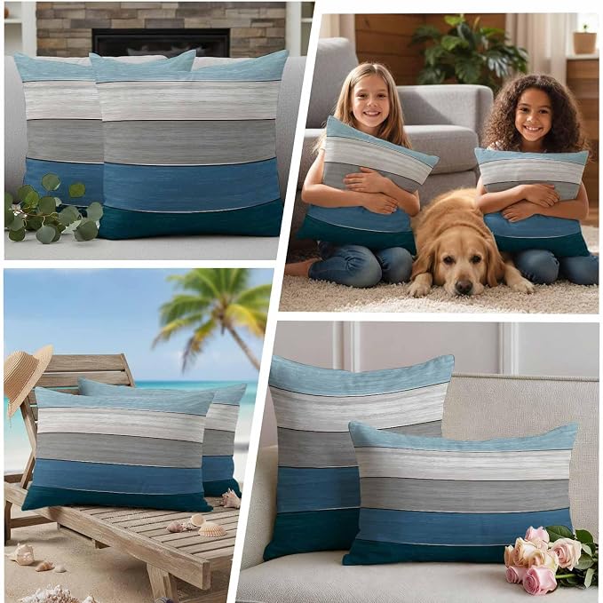Outdoor Throw Pillow Covers 16X16 Set of 2 Waterproof Ombre Blue Gray Decorative Zippered Cushion Covers for Patio Furniture, Farmhouse Retro Rustic Barn Wood Texture Lumbar Pillowcases Ocean Hues