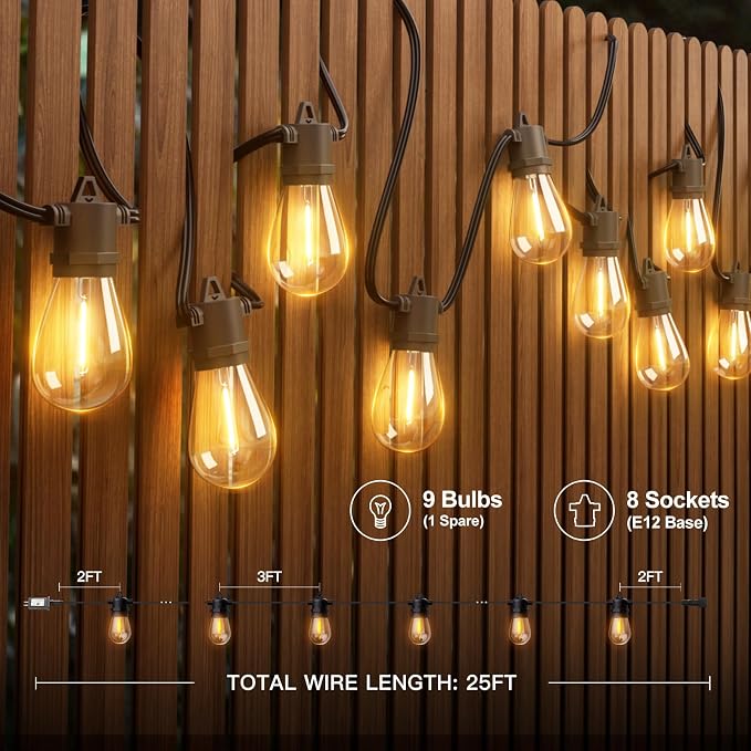 addlon 25FT LED Outdoor String Lights, Waterproof Dimmable Bulbs for Patio | UL Listed, Remote Control. Shatterproof Edison Bulbs, Timer, Linkable, 2700K Warm White. For Backyard, Pergola, Deck, Garden.