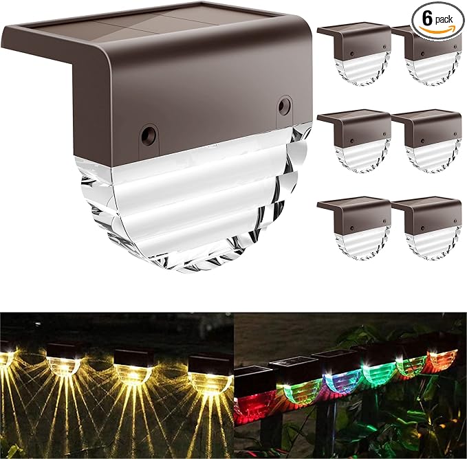 Solar Lights Outdoor, Solar Deck Lights, 6 Pack Solar Fence Step Lights Outdoor Waterproof LED for Outside Patio Stairs Yard Garden Backyard Decor, 10 Lumens,Warm White/Color Changing Lighting