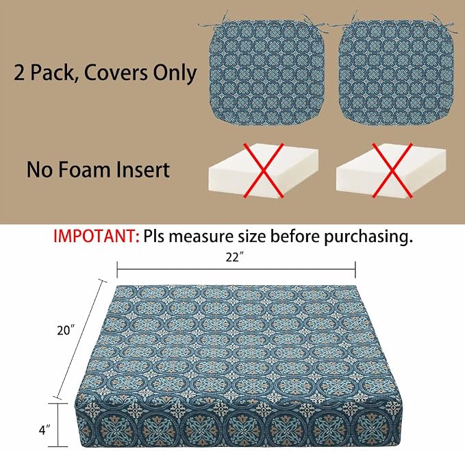 Magpie Fabrics Indoor Outdoor Cushion Cover Replacement 2 Pack, NO Insert! Water Repellent Slipcover with Ties Decor for Patio Garden Chair Seat Sofa Bench Wicker(Morgan Medal Blue, 22x20x4 Inch)