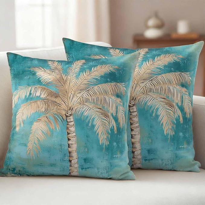 Coastal Beach Tree Outdoor Waterproof Pillow Covers, Vintage Teal Brown Decorative Square Throw Pillowcase, Tropical Palm Tree Sofa Cushion Sham for Patio/Couch/Chair, 24"x24" 2 Pack