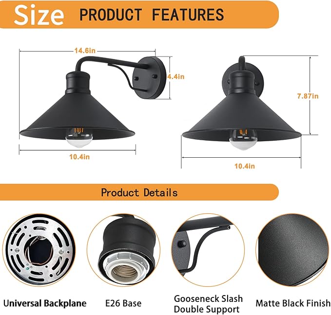 2 Pack Outdoor Wall Lights Wall Mount for House, Porch Light Fixtures, Matte Black Modern Farmhouse Wall Sconce, Classic Barn Lights Outdoor & Indoor-E26 Socket