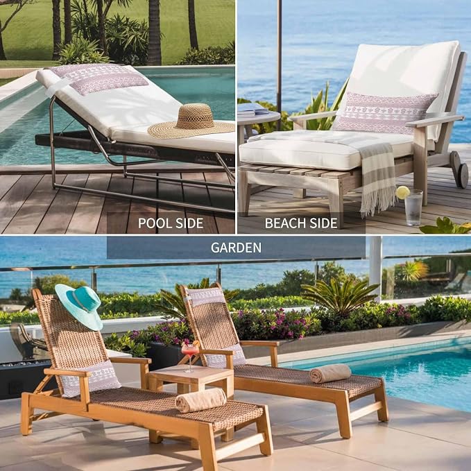 Outdoor Lumbar Pillow Set of 2, Pink Boho Striped Waterproof Beach Headrest Pillow with Inserts, Southwestern Ethnic Tribe Vintage Recliner Throw Pillows for Patio Furniture, 12 x 20