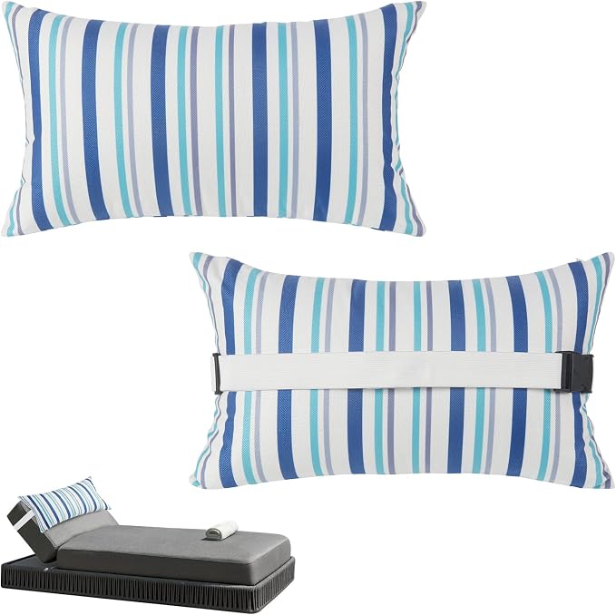 Chaise Head Rest Pillows Set of 2, Outdoor Lounge Pillow Lumbar Pillows with Insert and Adjustable Elastic Strap Decorative Pillows for Patio Beach Pool Chair, Blue White Stripe