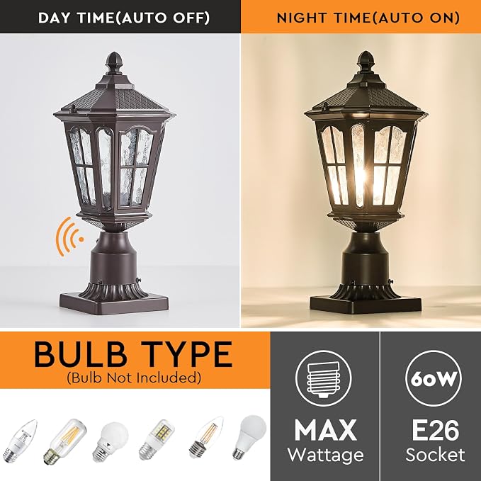 Dusk to Dawn Outdoor Post Lights with Pier Mount Base, Aluminum Exterior Pillar Light Fixture with Water Ripple Glass, Oil Rubbed Bronze Pole Light for Garden, Patio, Pathway