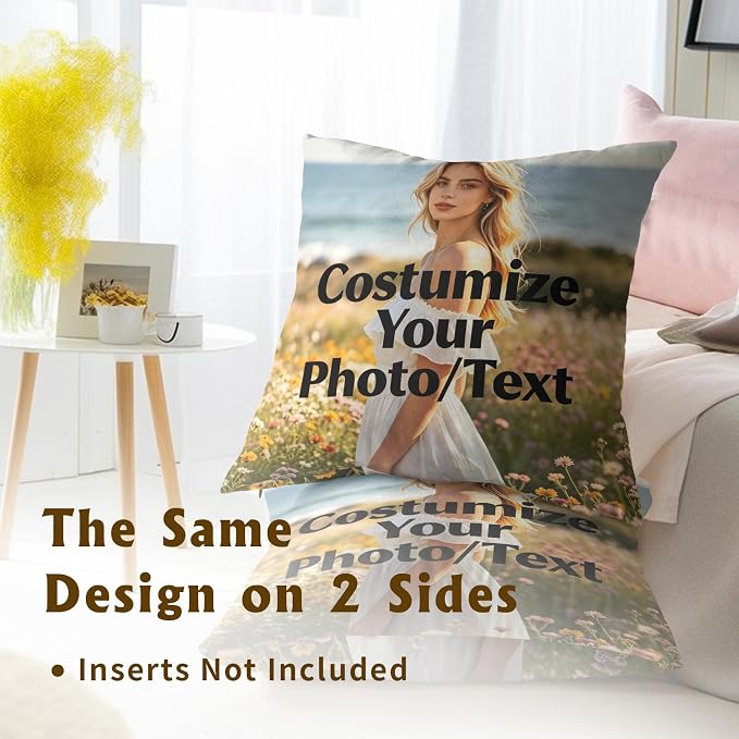 Custom Design Photos or Text Throw Pillow Covers 20x20 Inch – Pack of 2 Personalized Pet Photo Cotton Hidden Zipper Pillowcases for Couch Sofa Bed Porch Farmhouse Home Decor