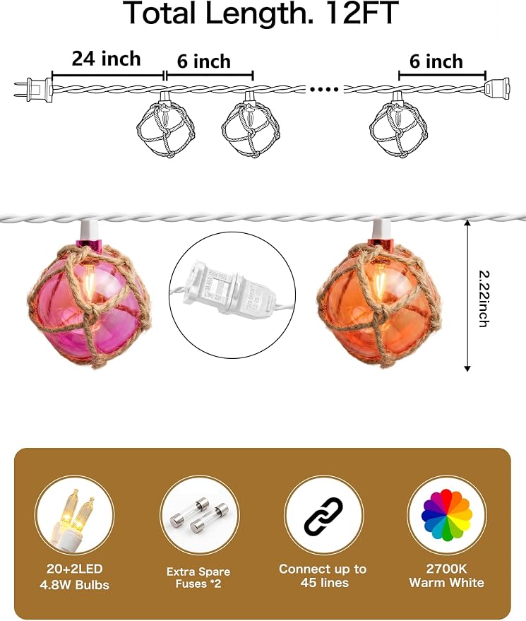 Nautical String Lights Plug in, 12FT 20 LED Tiki Bar Lights with Fishing Float Buoy, UL Certified Waterproof Patio Lights for Beach Party, Coastal Camping Home Indoor Outdoor Summer Decor