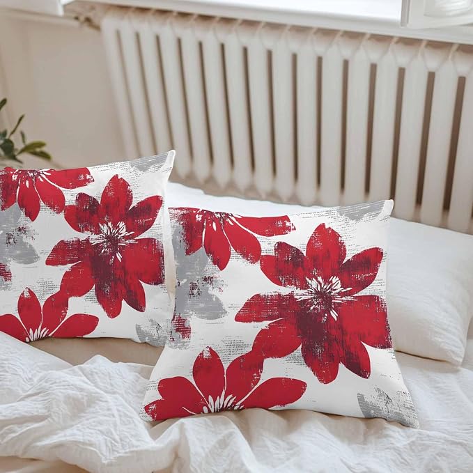 Vandarllin Outdoor Throw Pillows Covers 16x16 inch Set of 2 Waterproof Red Sunflower Decorative Zippered Cushion Covers for Patio Furniture, Flower Field Lumbar Pillowcases