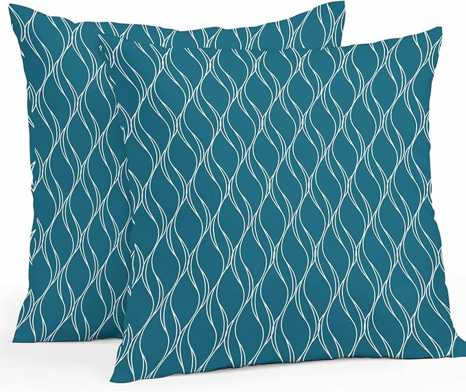 Teal Blue Stripes Outdoor Pillow Covers 18x18 Inch Throw Pillow Covers Set of 2 Waterproof Decorative Pillow Cases Simple Geometric Modern Monochrome Cushion Covers for Patio Furniture Garden Couch