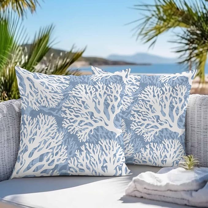 Outdoor Pillow Covers 18x18 Inch Set of 2, Lake Blue Coral Coastal Waterproof Throw Pillow Covers, Summer Beach Nautical Ocean Decorative Cushion Pillowcases for Couch, Sofa, Bed, Garden, Patio