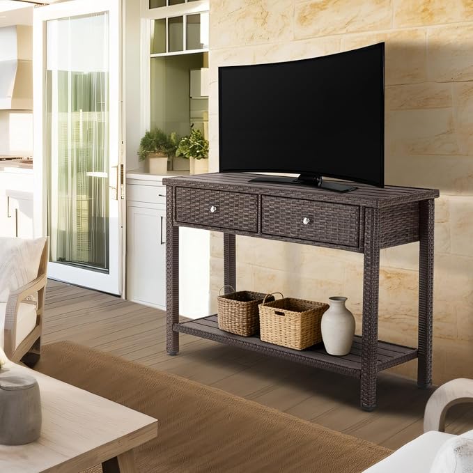 Outdoor Console Table with Drawer Patio Buffet Bar Storage Organizer 45"Long Wicker Sofa Serving Sideboard Table 2-Shelf Outdoor Narrow Bar Table Tall Rectangle with Adjustable Feet for Entryway Brown