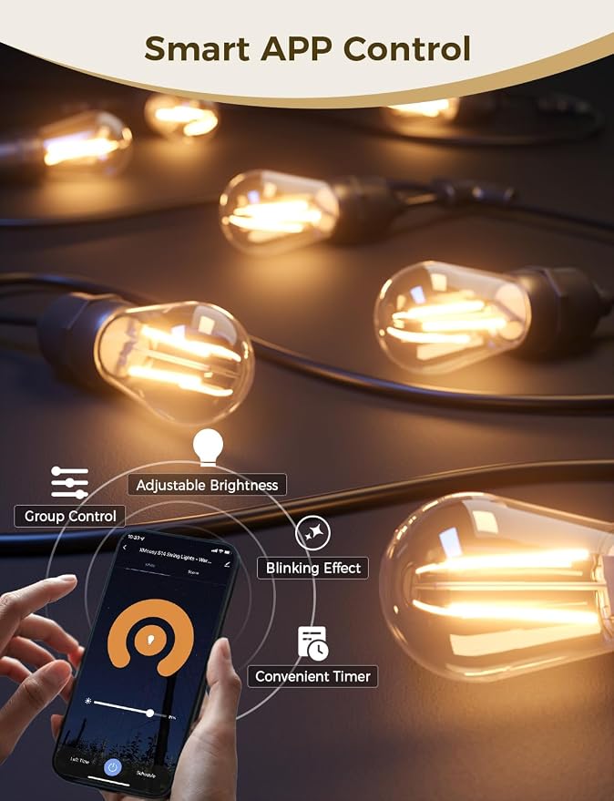 XMCOSY+ Outdoor String Lights, 123FT Smart Dimmable Edison Bulb Patio Light | Smart App & Voice Control LED String Lights, Custom Schedules, Dimming, Warm White Light for Outside, Yard,Porch, Warerproof