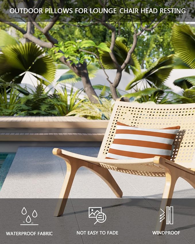 T&H XHome Outdoor Pillow for Chaise Lounge Chair, Orange White Stripe Waterproof Headrest Pillow Lumbar Pillows with Adjustable Elastic Strap for Beach, Poolside, Patio, Office (2 Pack)