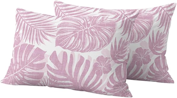 Pink Palm Leaves Outdoor Pillow Covers 20"x12" Set of 2, Tropical Botanical Minimalist Modern Waterproof Throw Pillow Covers for Patio Furniture, Decorative Cushion Covers for Porch