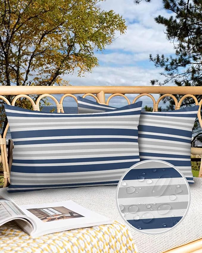 Outdoor Waterproof Throw Pillows Classic Modern Striped Patio Pillows,Decorative Pillow Covers with Insert,Pillow Cushion Case for Garden Couch Sofa Grey White Navy Blue