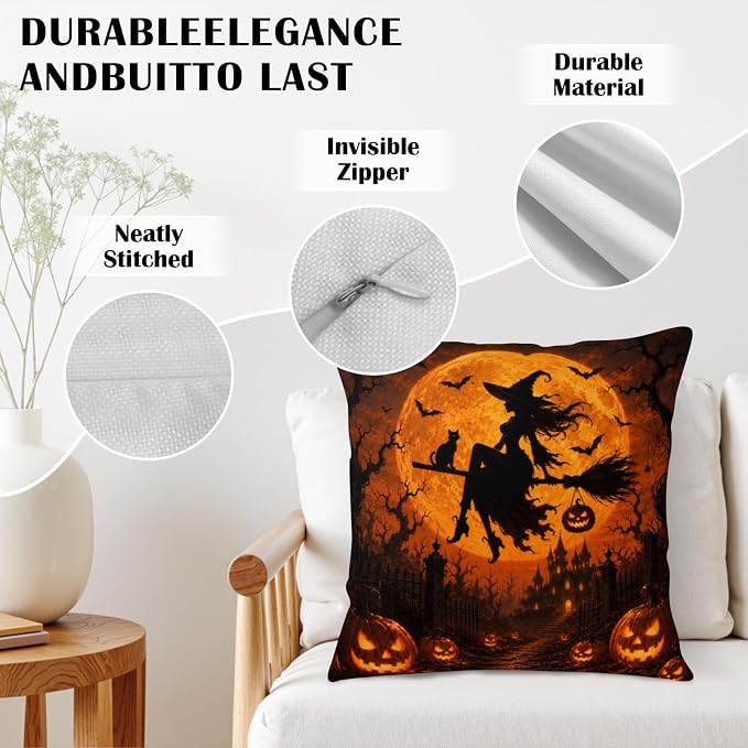 Orange Halloween Pillow Covers 20x20 Set of 2 Spooky Castle Witch Throw Pillow Covers Jack-O-Lantern Pumpkins Decorative Pillowcase for Couch Sofa Indoor Outdoor