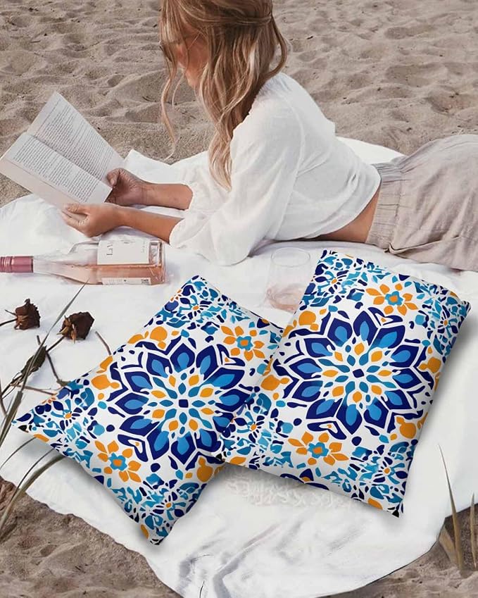 Outdoor Waterproof Pillow Covers Abstract Blue Yellow Flowers Set of 2 Decorative Outdoor Pillowcases Vintage Art Cushion Cases for Patio Funiture Garden Couch Bench 12 x 20 Inches