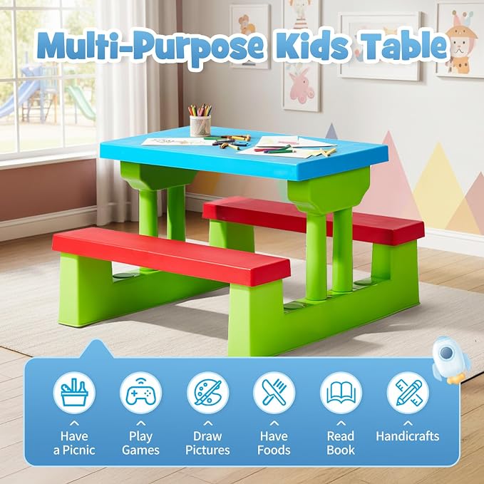 Kids Table and Chair Set, Toddler Plastic Outdoor Table & Bench Set with Removable Umbrella, Children Picnic Table Fits 4 Children for Backyard Garden, Red & Green & Blue