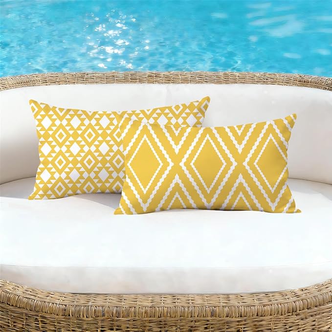 NIGHTWISH Outdoor Waterproof Pillow Covers 12x20 Set of 4 Yellow and White Modern Geometry Decorative Outdoor Throw Pillows Boho Cushion Cases for Patio Furniture Bench Couch Sunbrella