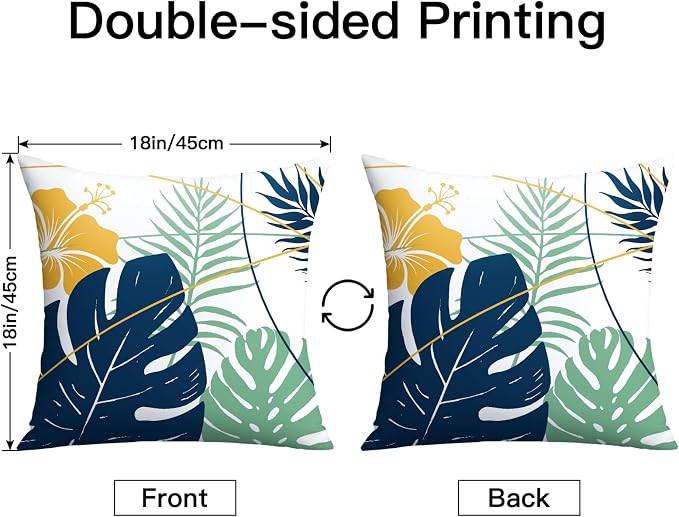 OTOSTAR Outdoor Waterproof Throw Pillow Covers 18x18 Inch Set of 2 Double-Sided Dark Blue Yellow Tropical Leaf and Flower Spring Summer Decorative Pillow Cases for Patio Funiture Garden Balcony Couch