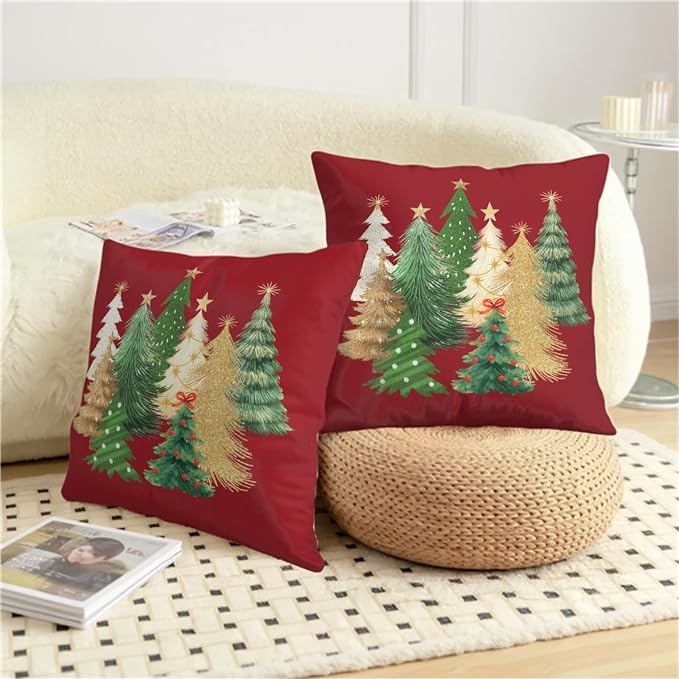 Red Christmas Pillow Covers 22x22 Set of 2 Gold Green Xmas Tree Pillow Case Winter Holiday Throw Pillow Covers Double Sided Printing Decorative Cushion Case for Couch Sofa
