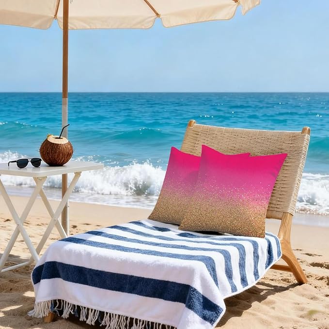 16x16 Inch Outdoor Pillow Covers Set of 2 Waterproof Throw Pillow Covers Decorative Couch Cushion Covers Pink Gold Glitter Square Pillowcases Protectors for Patio Garden Sofa