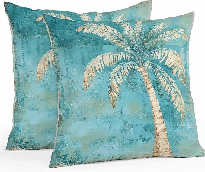 Coastal Beach Tree Green Outdoor Waterproof Pillow Covers, Vintage Tropical Flower Plant Decorative Square Throw Pillowcase Sofa Cushion Sham for Patio/Couch/Chair, 16"x16" 2 Pack