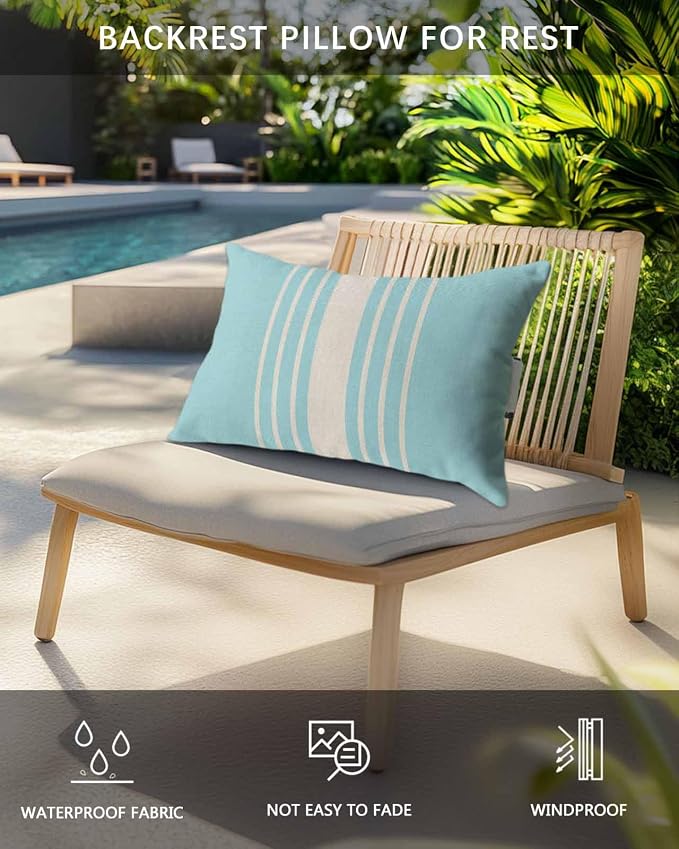 Pack of 4 Outdoor Lumbar Pillow Covers 12x20 Inch, Aqua Beige Striped Waterproof Throw Pillow Covers Set, Modern Farmhouse Retro Lines Indoor&Outdoor Decorative Cushion Cases for Patio Porch Beach
