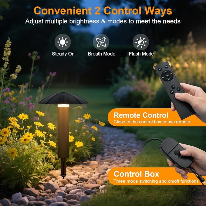 6-Pack Low Voltage Pathway Lights Kit: 24V Plug-in Landscape Lighting kit with Remote/Dusk to Dawn, 3W 3000K, IP65 - All-in-One Set, Easy DIY Install